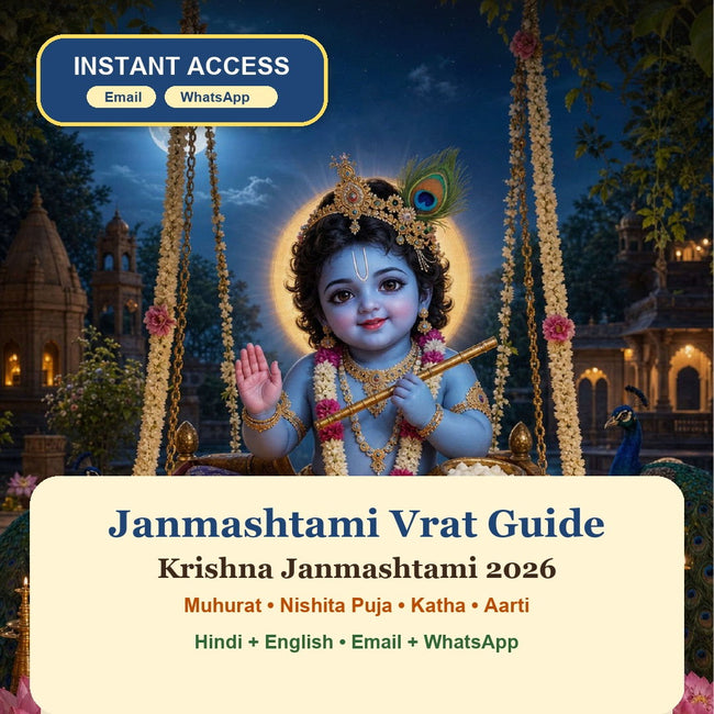 Janmashtami Vrat Guide eBook cover with Laddu Gopal, jhula, moonlit temple and instant access by Email and WhatsApp