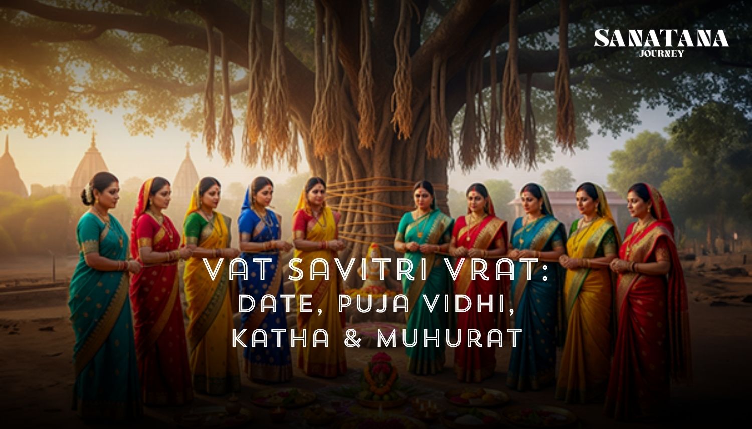Vat Savitri Vrat puja at a banyan tree with sacred thread