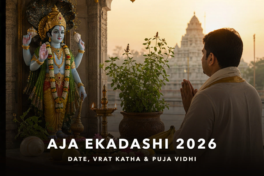 Aja Ekadashi 2026 banner showing a devotee praying before Lord Vishnu in a temple at sunrise, covering date, vrat katha and puja vidhi