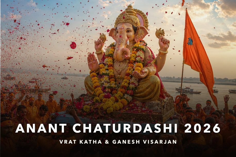 Anant Chaturdashi 2026 banner showing Lord Ganesha during a flower-filled visarjan procession by the river