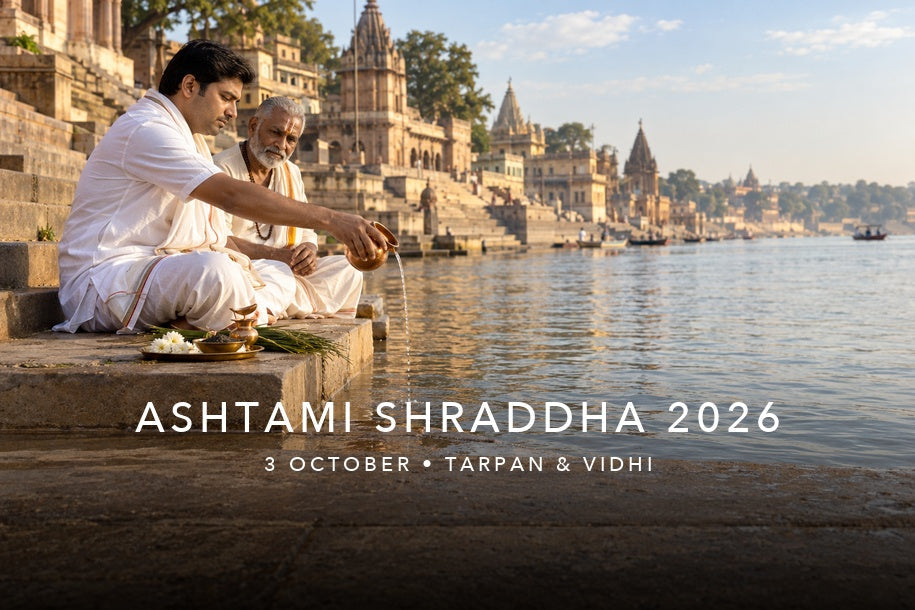 Ashtami Shraddha 2026 tarpan at an Indian riverside ghat on 3 October