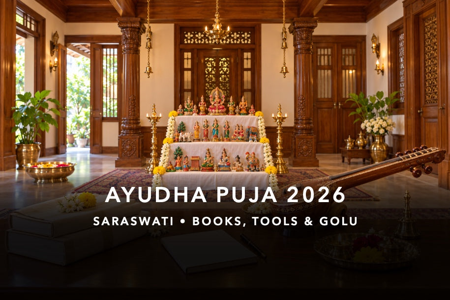 Tamil Navarathri Golu dolls, cloth-covered books, veena and puja plate for Saraswati and Ayudha Puja 2026
