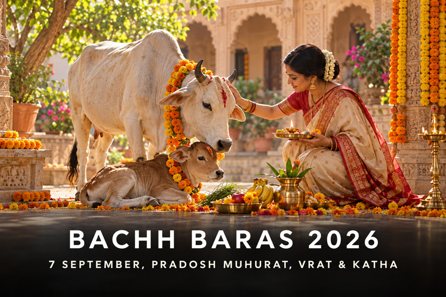 Bachh Baras 2026 banner showing a woman worshipping a sacred cow and calf with flowers and a diya