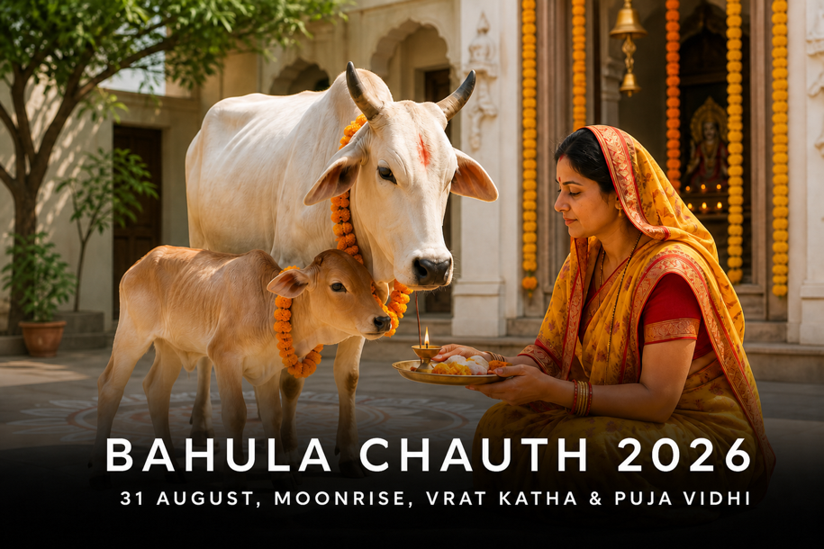 Bahula Chauth 2026 banner showing a sacred cow and calf with a woman performing vrat puja in a sunlit temple courtyard, covering 31 August, moonrise, vrat katha and puja vidhi