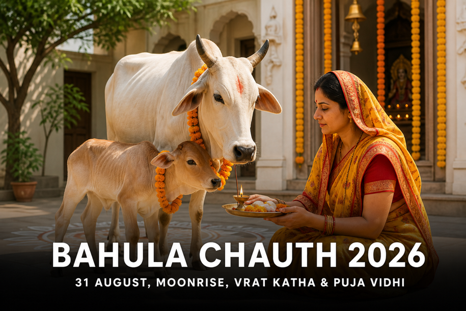 Bahula Chauth 2026 banner showing a sacred cow and calf with a woman performing vrat puja in a sunlit temple courtyard, covering 31 August, moonrise, vrat katha and puja vidhi