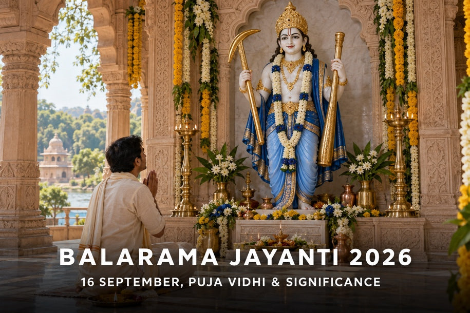 Balarama Jayanti 2026: a devotee praying before Lord Balarama in a sunlit Braj-style temple, with a smooth gradient and 16 September festival title