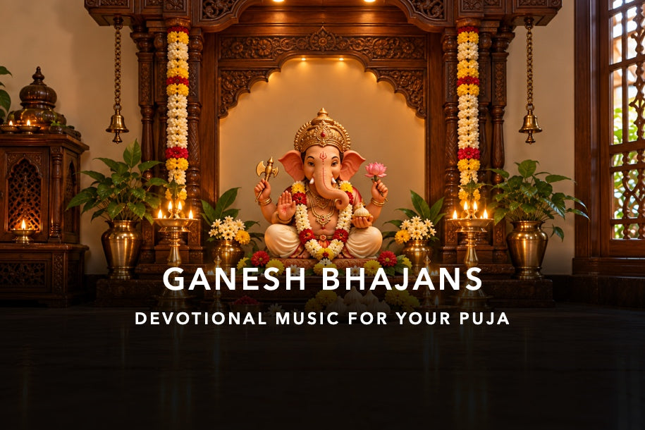 GANESH BHAJANS: traditional Ganesha shrine with crop-safe title and devotional subtitle