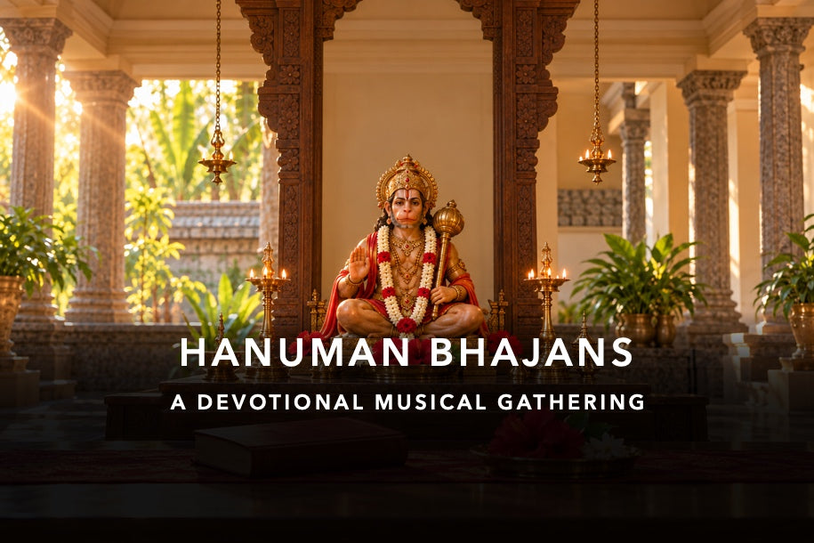 HANUMAN BHAJANS: traditional Hanuman shrine with crop-safe title and devotional subtitle