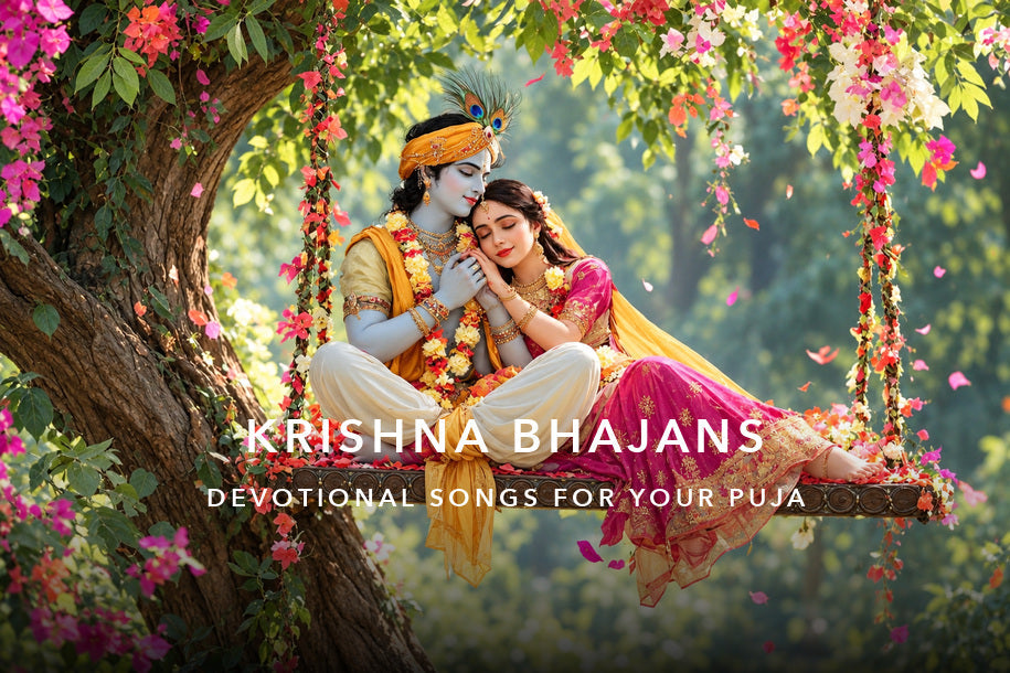 Best Krishna Bhajans: Hindi Devotional Songs for Puja & Janmashtami: devotional banner with a centered title and subtitle.