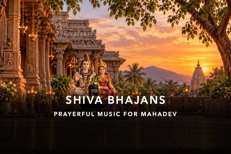 SHIVA BHAJANS: traditional Shiva-Parvati shrine with crop-safe title and devotional subtitle