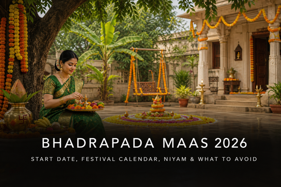 Bhadrapada Maas 2026 banner showing a devotee in a festive temple courtyard with marigold decorations, puja thali, kalash and month-overview imagery for start date, festival calendar, niyam and what to avoid