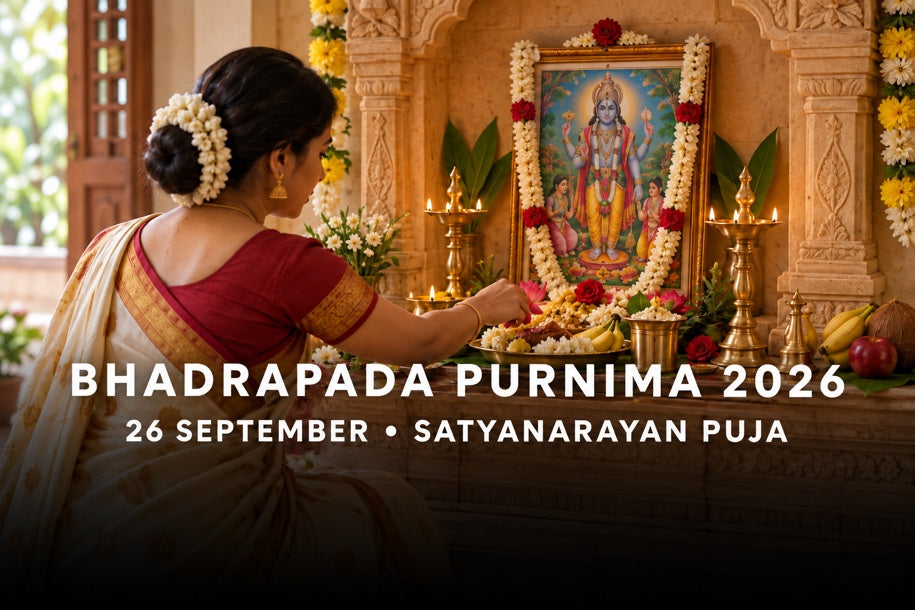 Bhadrapada Purnima 2026 banner showing a devotee offering Satyanarayan puja at home, with 26 September date.