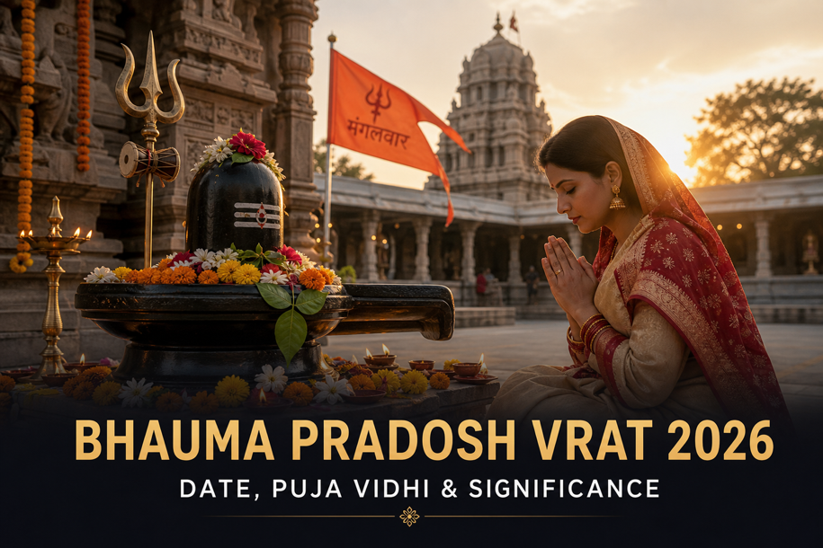 Bhauma Pradosh Vrat 2026 banner showing a devotee praying before a Shiva lingam in a temple courtyard, covering date, puja vidhi and significance