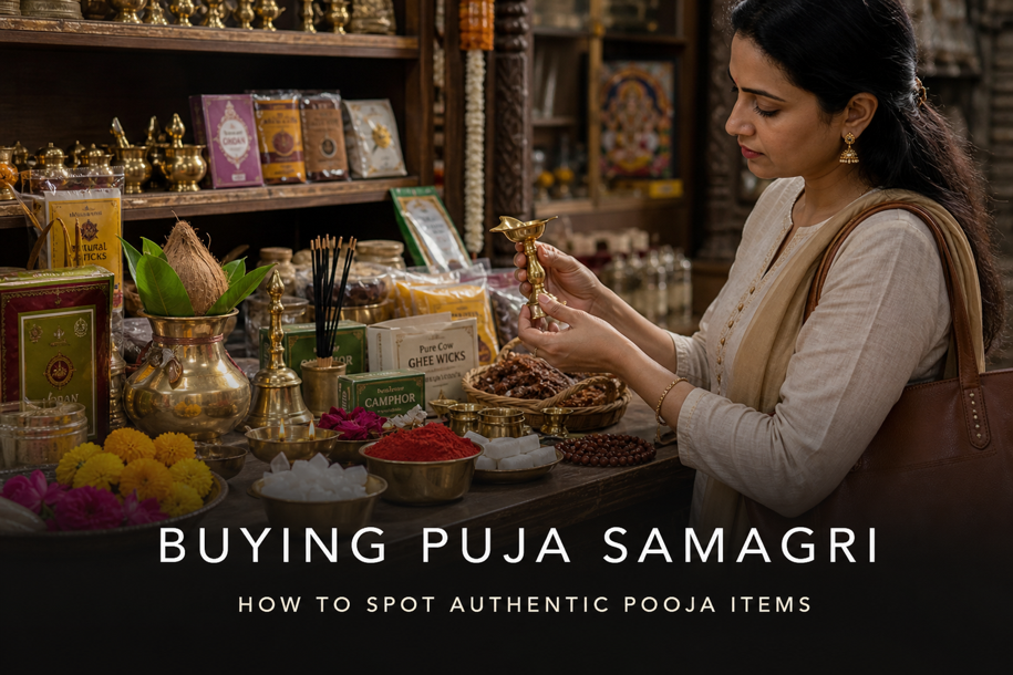 Buying Puja Samagri banner showing a shopper examining authentic pooja items including diya, camphor, kalash and incense