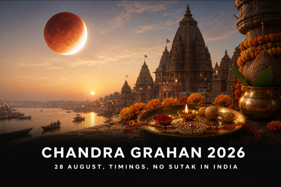 Chandra Grahan 2026 banner showing a partial lunar eclipse over an Indian temple with Raksha Bandhan thali, 28 August timings and no Sutak in India
