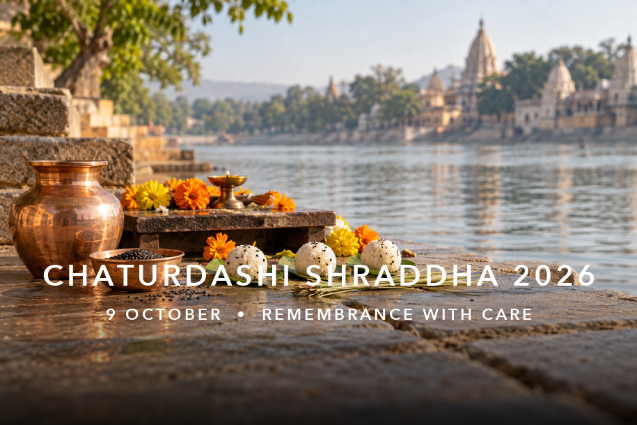 Chaturdashi Shraddha 2026 on 9 October: copper vessel, sesame seeds and rice pindas beside a river, illustrating ancestor remembrance.