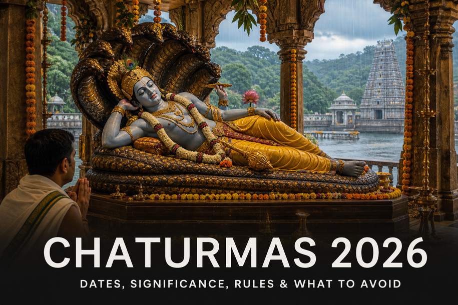 Chaturmas 2026 banner showing Lord Vishnu in Yoga Nidra within a temple setting with a praying devotee, covering dates, significance, rules and what to avoid