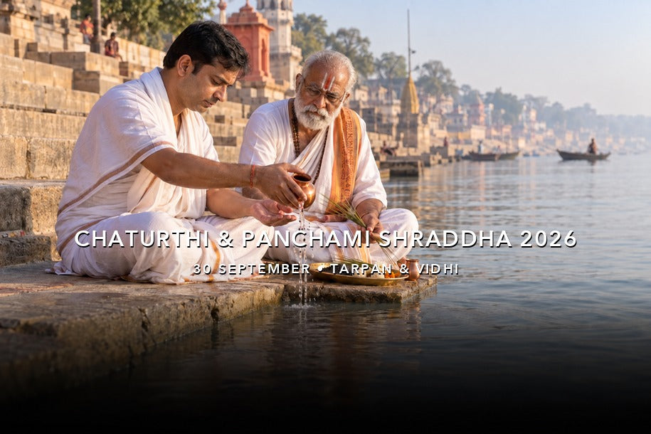 Chaturthi and Panchami Shraddha 2026 on 30 September with a householder and pandit performing tarpan at a riverside ghat