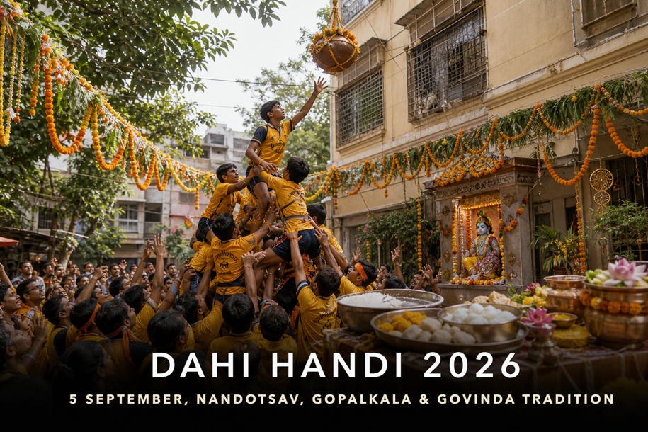 Dahi Handi 2026 banner showing a Govinda human pyramid reaching for a decorated clay handi in a marigold-lined street courtyard, with Gopalkala prasad and a Bal Gopal shrine, covering 5 September, Nandotsav and the Govinda tradition