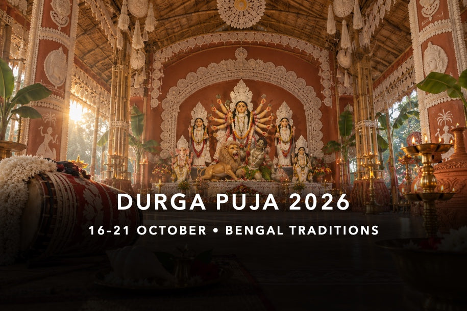 Traditional Bengali Durga Puja pandal with Maa Durga, lion, Mahishasura, dhak and offerings for the 16–21 October 2026 observances