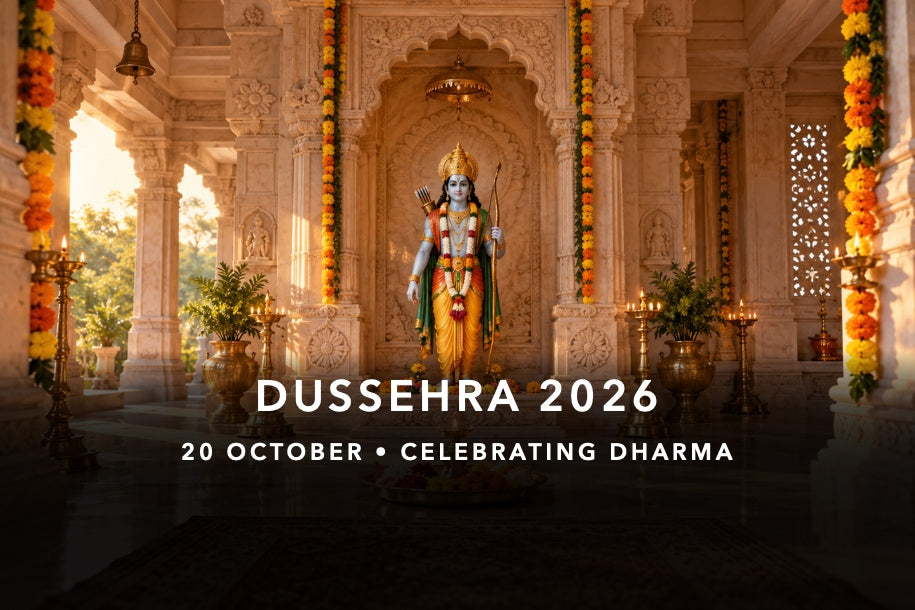 Lord Rama murti holding a bow in a marigold-decorated shrine for Dussehra on 20 October 2026, New Delhi reference