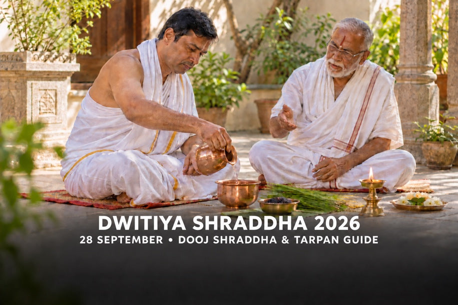 Dwitiya Shraddha 2026 on 28 September: householder guided by a priest while offering tarpan at home