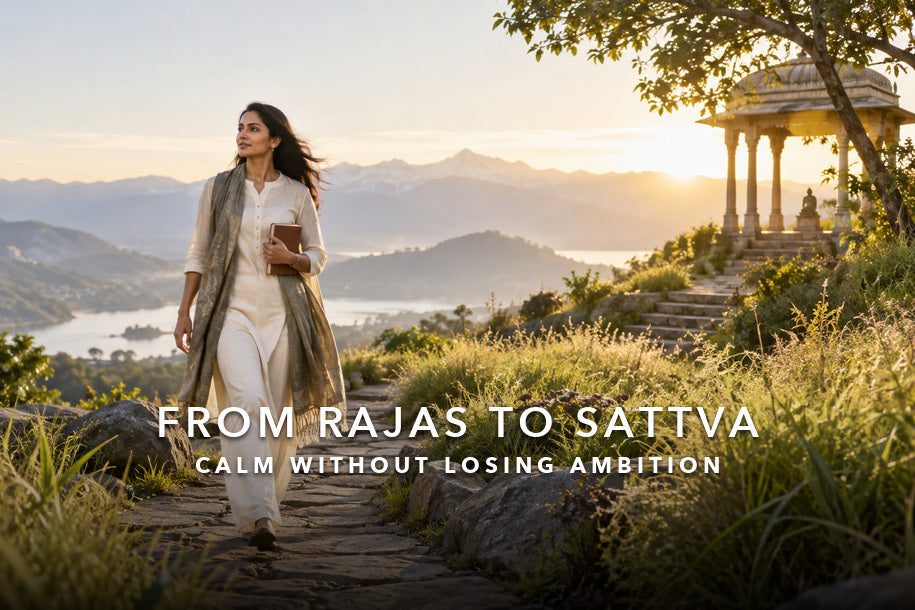 Woman walking toward a temple at sunrise from rajas to sattva
