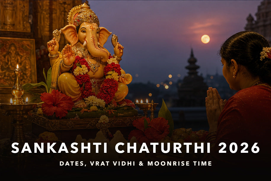 Gajanana Sankashti Chaturthi 2026 banner showing Lord Ganesha, a devotee in prayer and moonrise with title text about date, moonrise time, vrat vidhi and katha