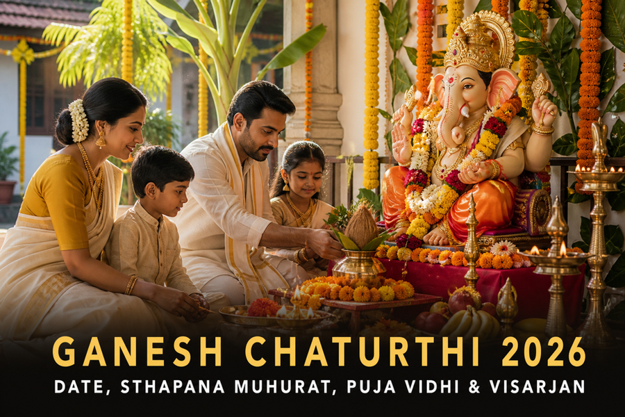 Ganesh Chaturthi 2026 banner showing a family performing Ganesh sthapana and puja before Lord Ganesha in a festive daytime courtyard, covering date, sthapana muhurat, puja vidhi and visarjan