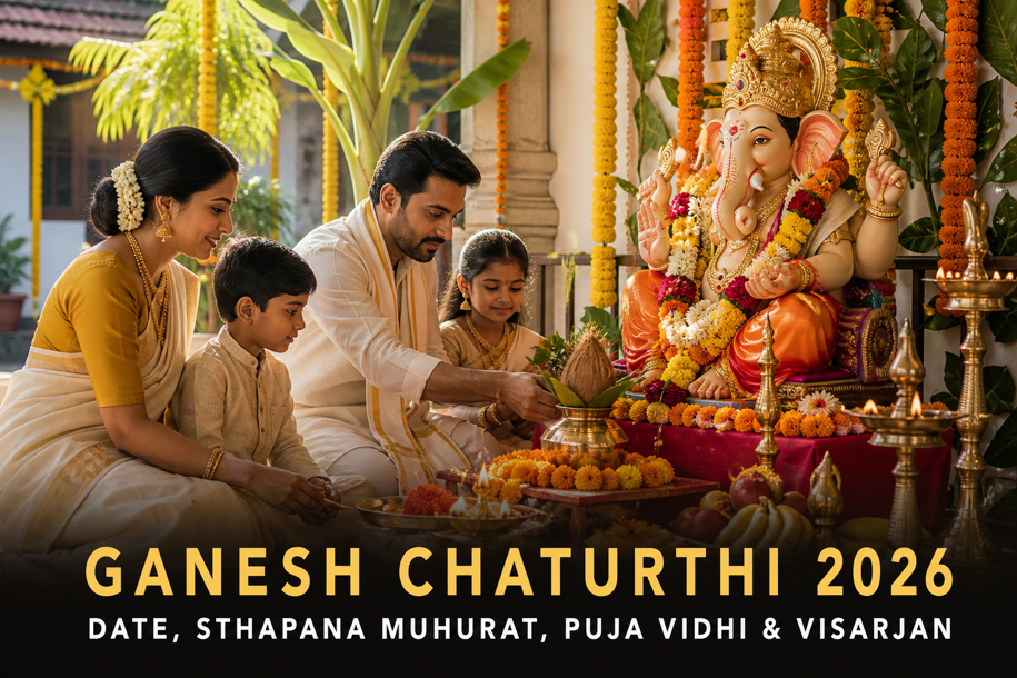 Ganesh Chaturthi 2026 banner showing a family performing Ganesh sthapana and puja before Lord Ganesha in a festive daytime courtyard, covering date, sthapana muhurat, puja vidhi and visarjan