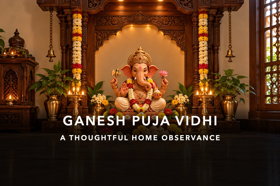 GANESH PUJA VIDHI: traditional Ganesha shrine with crop-safe title and devotional subtitle