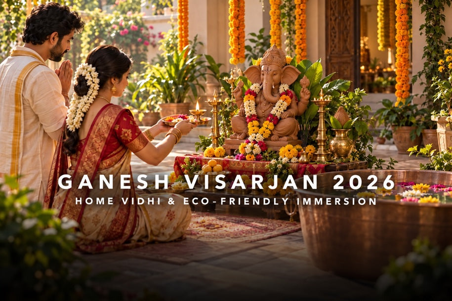 Ganesh Visarjan 2026 at home: a family offers farewell aarti to a clay Ganpati idol beside a home immersion tub, with crop-safe text and a smooth gradient