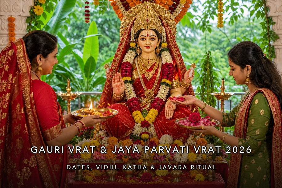 Gauri Vrat and Jaya Parvati Vrat 2026 banner with Goddess Gauri, devotees, and javara ritual theme