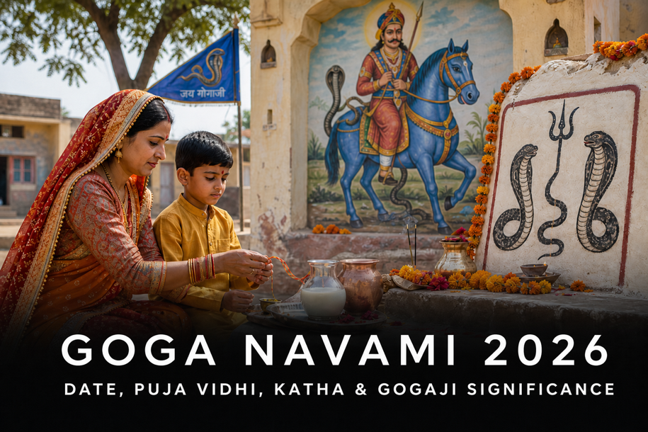 Goga Navami 2026 banner showing a mother and child offering milk and raksha sutra before the serpent shrine, with Jaharveer Goga Ji on a blue horse, covering date, puja vidhi, katha and Gogaji significance