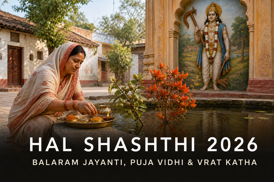Hal Shashthi 2026 banner showing a mother performing vrat puja beside a sacred pond, with Lord Balarama in the background, covering Balaram Jayanti, puja vidhi and vrat katha