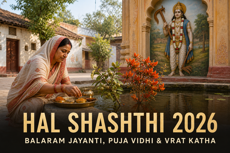 Hal Shashthi 2026 banner showing a mother performing vrat puja beside the sacred pond with palash and ber branches, with Lord Balarama in the background