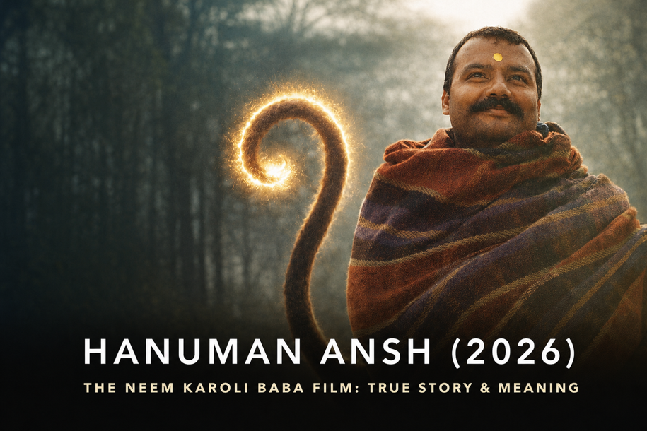 Hanuman Ansh 2026 film banner showing the lead character as Neem Karoli Baba in a misty forest, with the glowing Hanuman-tail motif, covering the film's true story and meaning