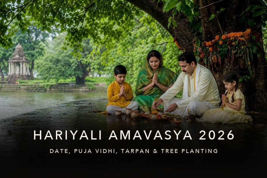 Hariyali Amavasya 2026 banner showing a family performing monsoon tree puja with title text about date, puja vidhi, tarpan and tree planting