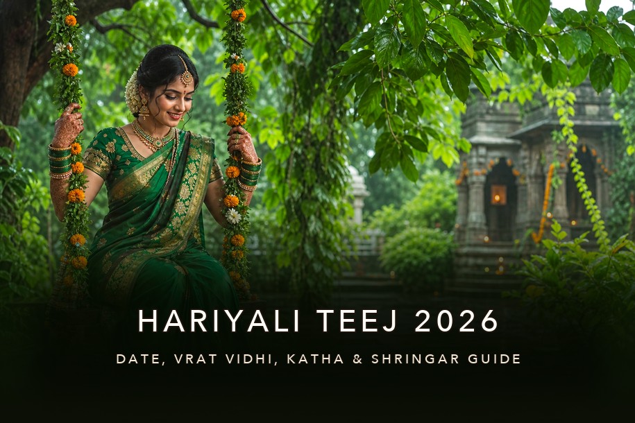 Hariyali Teej 2026 banner showing a woman on a festive swing with title text about date, vrat vidhi, katha and shringar guide