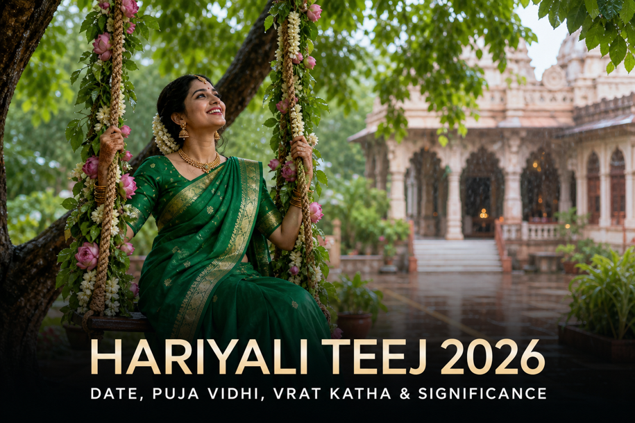 Hariyali Teej 2026 banner showing a woman on a floral swing in a monsoon temple courtyard, covering date, puja vidhi, vrat katha and significance