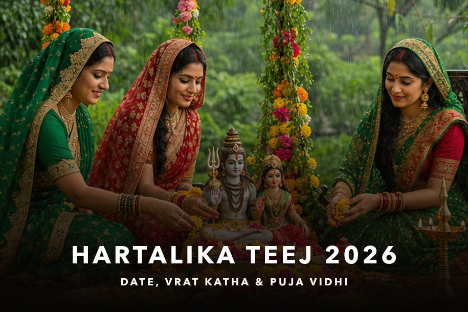 Hartalika Teej 2026 banner showing women performing Shiva and Parvati puja beneath a flower-decorated swing, covering the date, nirjala vrat katha and puja vidhi