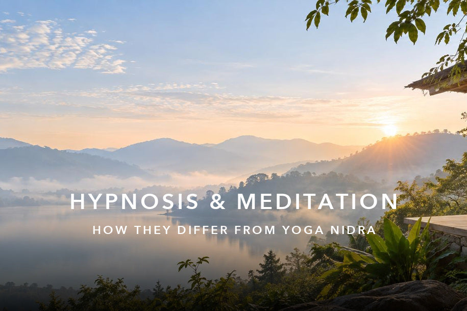 Hypnosis vs Meditation vs Yoga Nidra: What’s the Difference?: a peaceful lakeside retreat scene with a centred title and subtitle.