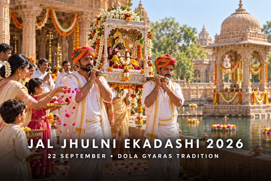 Jal Jhulni Ekadashi 2026 procession carrying a decorated Vishnu utsava murti beside a Rajasthan temple water pavilion.