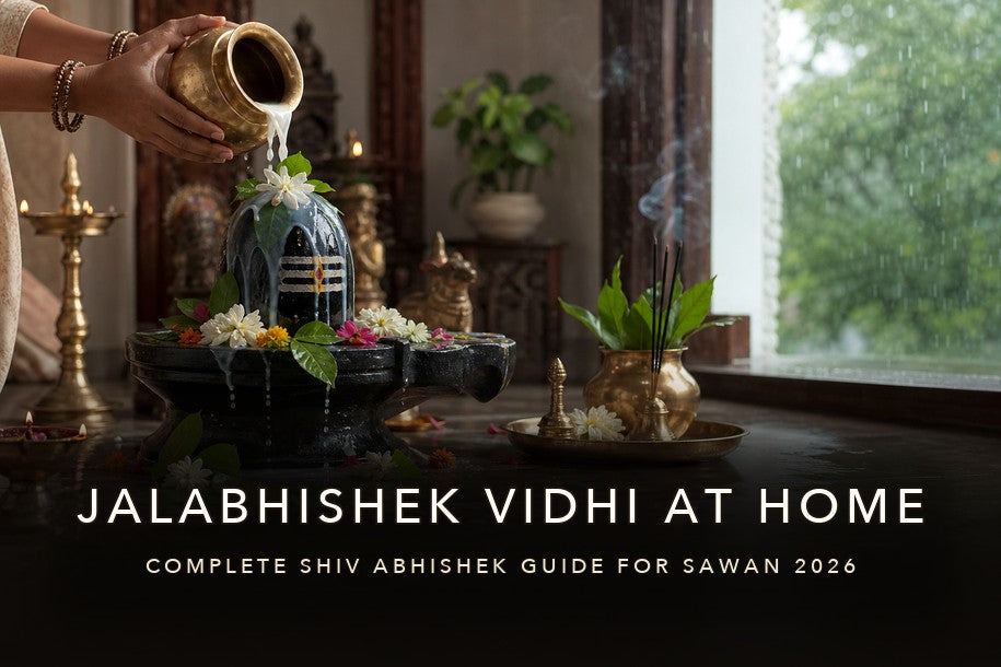 Jalabhishek Vidhi at Home banner showing milk abhishek over a Shivling with title text about the complete Shiv Abhishek guide for Sawan 2026