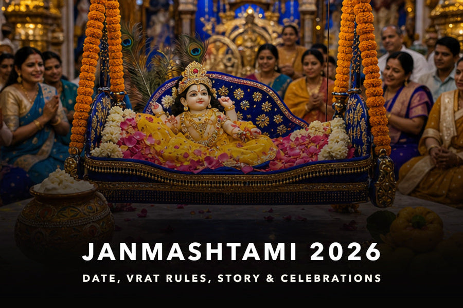 Janmashtami 2026 banner showing Laddu Gopal on a flower-decorated jhula in a festive temple, covering date, vrat vidhi, Nishita Puja Muhurat and parana