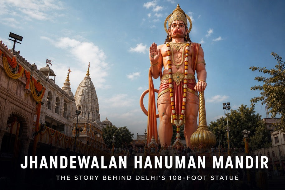Jhandewalan Hanuman Mandir banner showing Delhi's towering Hanuman statue outside the temple with title text about the story behind the 108-foot statue
