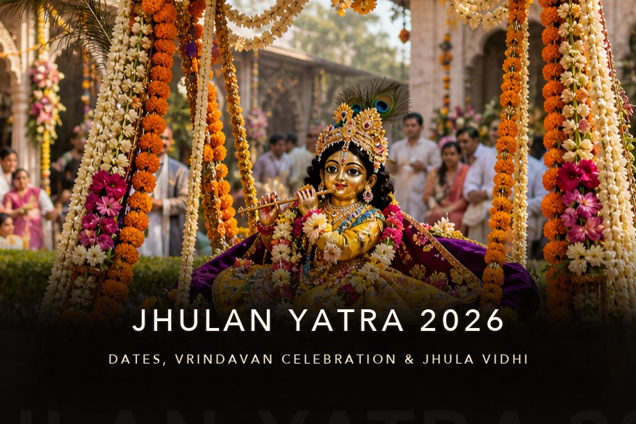 Jhulan Yatra 2026 banner showing Laddu Gopal on a flower-decorated jhula in a bright temple courtyard, with details for dates, Vrindavan celebration and home jhula vidhi