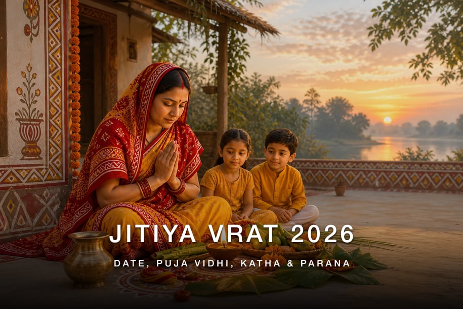 Jitiya Vrat 2026 banner with mother and children during puja, covering date, puja vidhi, katha and parana