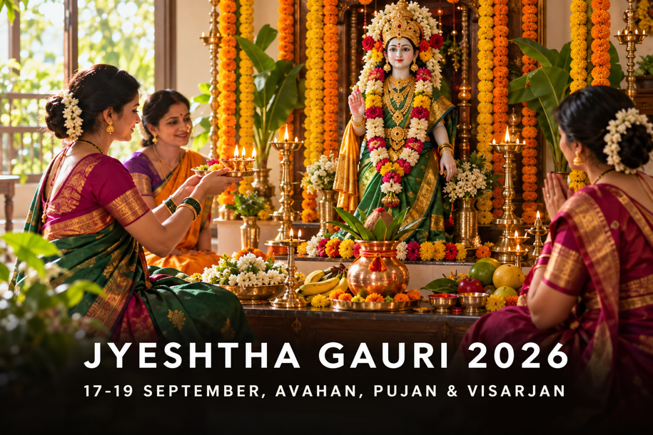 Jyeshtha Gauri 2026 banner showing women performing puja before a flower-decorated Gauri idol, covering avahan, pujan and visarjan