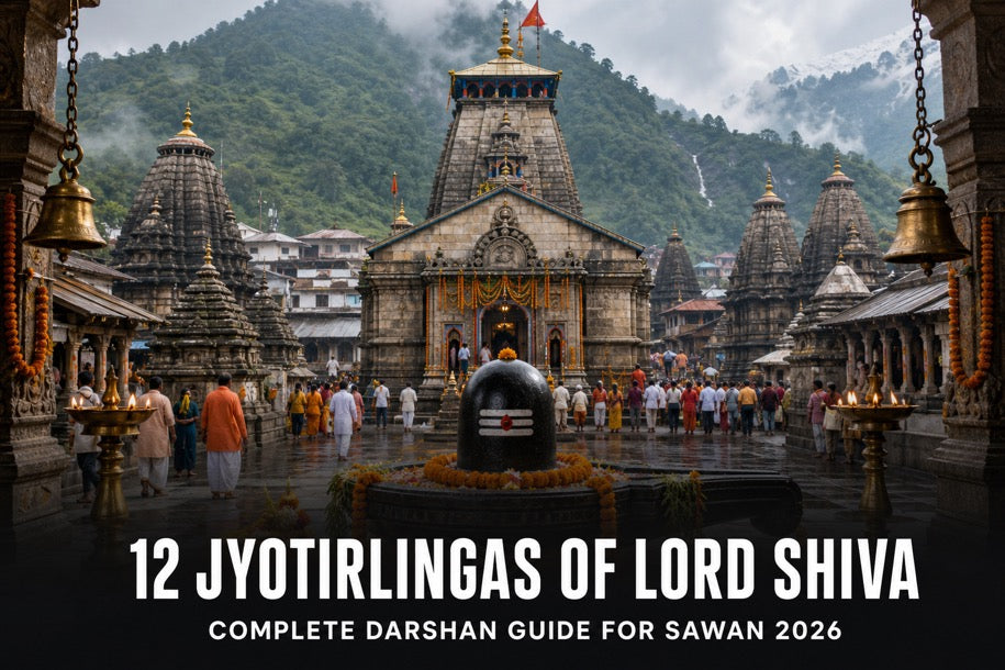 12 Jyotirlingas of Lord Shiva pilgrimage banner with a sacred Shiva temple complex, devotees, and central Shivling during Sawan 2026